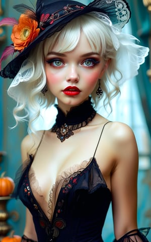 extraordinarily beautiful, babe, platinum blonde, modern girl ,dressing vintage Halloween Ball Gown, 1920s style clothing , imaginatively 20's stylized dress, super hat, , magical, alluring, sultry, full-length, female-body, hazel-eyes, eye catching, bright, OverallDetail, Magical beautiful background fantasy, perfect face and eyes, hyper-detailed hypermaximalist dynamic style