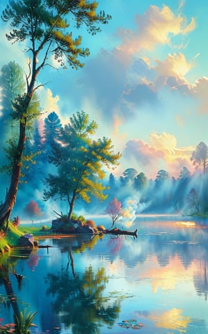 A lake covered by heavy mist and smoke. A tree stands near of the lake. Tree bends down to lake and its branches touches to the lake. Sky is cloudy. [romantic impressionism,dream scenery art,beautiful oil matte painting,romantic,style of thomas kinkade,beautiful digital painting,anime landscape,romantic painting,dreamlike digital painting,colorful painting,beautiful gorgeous digital art,style of greg rutkowski,janek sedlar,jenny saville:0]