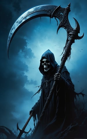 (masterpiece, best quality, hyper detailed, ultra realistic, 32k, RAW photo) (the grim reaper staring up:1.2), (blue gradient color scheme), holding scythe, realistic, perfect composition and chiaroscuro by Rembrandt, concept art, by Jarek Kubicki, (moon background)
,Expressiveh,concept art,dark theme