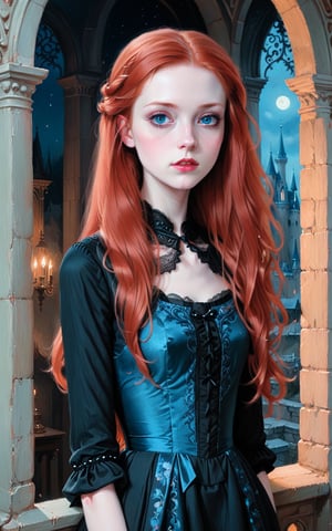 score_9, score_8_up, score_7_up, score_6_up, Portrait, oil painting, long red hair, blue eyes, pale skin, 20 year old skinny princess vampire wearing a 1830s dress in black, innocent and beautiful, inside a dark ornate castle, night, painted by Hsiao Ron Cheng, brush strokes,realistic,real skin,oil paint,Envy Starlight Beauty