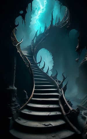 An ominous underworld landscape where the depths of hell are represented by an endless, spiraling staircase that descends into darkness, the air heavy with sulfuric fumes and tormented souls ascending and descending in eternal suffering