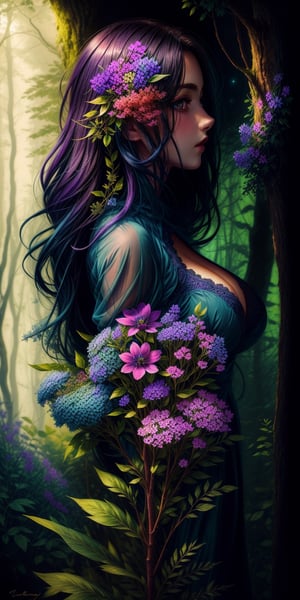 masterpiece, 1girl, romantic, beautiful, long dark hair, girl wearing a revealing dark blue dress, small breasts, upper body shot, blue and purple flowers, green forest, nature, looking at viewer, painting, fantasy, night, ,more detail ,colorhalf00d