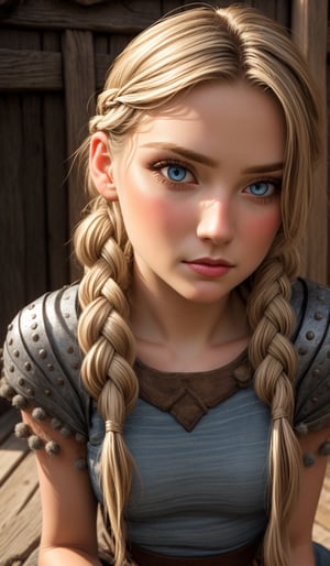 Create a softened depiction of a Viking girl, dressed in a medieval Viking clothing with wild braided hair. blue grey eyes, natural-looking eyebrows, and a gentle downward gaze. Keep the overall makeup light, with a touch of foundation for a soft and natural appearance. The lips can be painted in a gentle, neutral tone, while the eyes receive a light touch of eyeshadow and eyeliner for a more subdued effect. Strive for a sweet and approachable look, maintaining the essence of a Viking maiden appearance with a milder and more charming touch,Astrid Hofferson