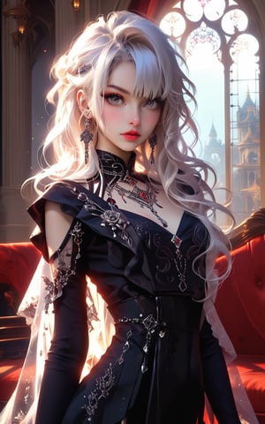 alternative goth girl, Beautiful young Japanese model,, bunch of jewelry, young, white hair, model, aesthetic photo, beautiful skin, pretty face, bangs, pale skin, realistic, grey eyes, black attire, intricate jewelry, creative ,red sofa, fancy chair, mansion, raw lighting, overexposed, standing by the window,Expressiveh