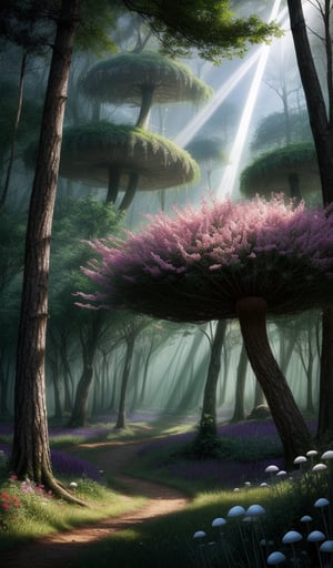 The forest is quiet, spooky forest, save for the breeze and the mushroom house of the wizard Rialto the Marvelous, a lot of mushrooms and flowers in the foreground, masterpiece, best quality, mysterious scene background, purple light, rays of light in the distance,Mysticstyle,dark fantasy,realism