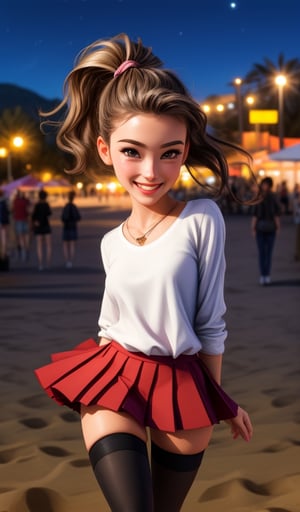 highres, ultra detailed, (1girl:1.3), (dynamic pose):1.0 upper body shot, BREAK, 1 extremely beautiful and glamorous girl walking in the park at night, wearing a white collard shirt and a short length pleated skirt, (knee high stockings), she has long wavy pony-tail hair style, small breasted, smile, happy, wind, 8 life size, detailed clothes, detailed body, detailed arms, human hands, detailed hands, upper body shot, hip focus, blush, light smile, looking the viewer, facing the viewer, staring the viewer, Lights are lit around the beach and stars are shining in the sky, studio soft light, cinematic light, detailed background, realistic, ultra-realistic, masterpiece, 32k ultra-sharp image,SAM YANG