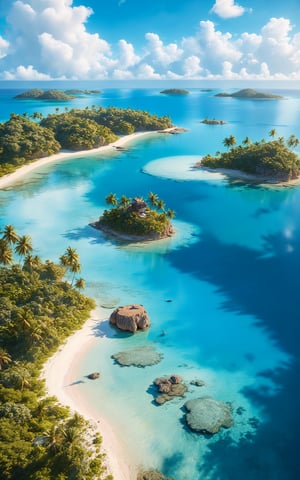detailed landscape, small island, from above, bay, paradisiacal, sunny, blue sky, clouds, flat, beach, palm, bottomless water hole,long shot, from very high, masterpiece, best quality, very aesthetic, absurdres,concept art