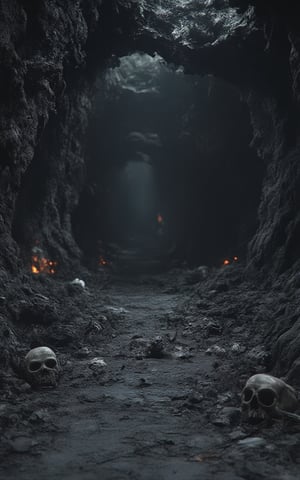 a dungeon inside a cave(((skulls on the ground,))), Motor Unreal Bloodborne 5, cinematic, color grading, photograph de retrato, Ultra-Grande Angular, Depth of field, Hyperdetailed, beautifully color coded, insane details, Detalles intrincados, beautifully colored, Unreal Engine, cinematic, color grading, fotografia Editorial, photograph, photo shoot, fotografado na lente de 70mm, Depth of field, degrees of freedom, Tilt blur, shutter speed 1/1000, f/22. UHD, Masterpiece, Accurate, Super detail, high details, high quality, Award Winning, best quality, highres, 1080P, HD, 16K,ABMhauntedVibe,concept_art,Fantasy detailers 