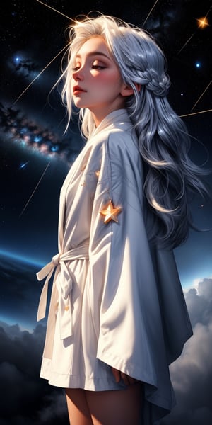 (silver,  glimmer)), contrast, phenomenal aesthetic, best quality, sumptuous artwork, (masterpiece), (best quality), (ultra-detailed), (((illustration))), ((an extremely delicate and beautiful)), (detailed light), cold theme, broken glass, broken wall, ((an array of stars)), ((starry sky)), the Milky Way, star, Reflecting the starry water surface,(1girl:1.3), long white hair, blinking, white dress, closed mouth, constellation, flat color, long white hair, braid hanging down, blinking, white robe,  float, flat color, looking up, standing, medium hair, standing cowboy shot, solo, space, universe, Nebula, many stars, fanxing,midjourney,SAM YANG