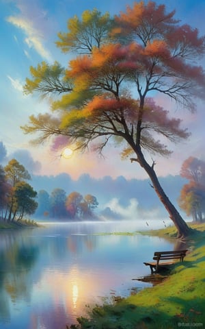 A lake covered by heavy mist and smoke. A tree stands near of the lake. Tree bends down to lake and its branches touches to the lake. Sky is cloudy. [romantic impressionism,dream scenery art,beautiful oil matte painting,romantic,style of thomas kinkade,beautiful digital painting,anime landscape,romantic painting,dreamlike digital painting,colorful painting,beautiful gorgeous digital art,style of greg rutkowski,janek sedlar,jenny saville:0]