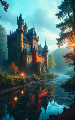 colorful scene of a castle in the forest beside a river in the evening. It's very gloomy and mysterious. The castle is shown in the foreground with the river in the background,concept art