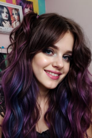 realistic, beautiful girl in messy bedroom, full body, poofy hair, (realistic face, perfect eyes, grin, perfect face:1.1), colourful hair, full glossy lips, emo makeup, eyeliner