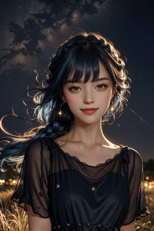 highres, masterpiece, realistic, perfect face ligting, bloom, night, dark, cinematic lighting, adult, perfect skin, female, small breasts, shapely thighs, short loose summer dress, looking at viewer, portrait, upper body, simple background, summer starry sky background, windy, parted bangs, blue hair, very long hair, long braided, :), (smile), Australian girl in the outback