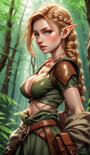score_10, score_9, score_8_up, score_7_up, score_6_up, face focus,  pretty girl, pale skin, small elf ears , braided sandy hair , RPG warrior clothing , seductive look, leather and bone necklace, forest glade , (((small boobs))), ,glossy , front view , face front portrait, realistic , dynamic, cute,1 girl,midjourney