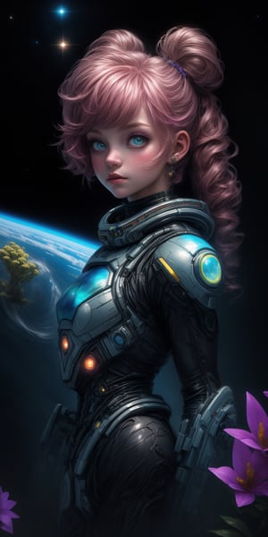 "A detailed painting of a little alien girl dressed as a space ranger, long twin tails, exploring an extraterrestrial landscape adorned with vibrant, otherworldly flowers. Science fiction wonderland, imaginative, space adventure." (((upper body portrait))),midjourney,