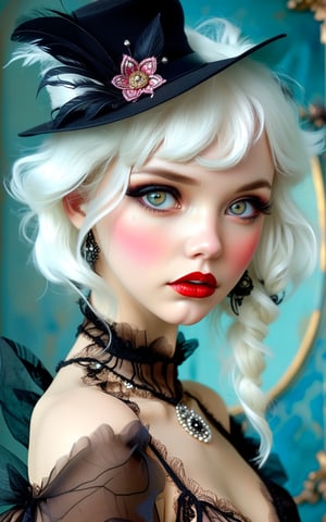 extraordinarily beautiful, babe, platinum blonde, modern girl ,dressing vintage Halloween Ball Gown, 1920s style clothing , imaginatively 20's stylized dress, super hat, , magical, alluring, sultry, full-length, female-body, hazel-eyes, eye catching, bright, OverallDetail, Magical beautiful background fantasy, perfect face and eyes, hyper-detailed hypermaximalist dynamic style