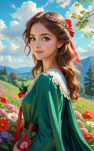 score_9, score_8_up, score_7_up, the image showcases a beautiful female character, set against a picturesque landscape. warm smile, she has long, wavy brown hair and is adorned in a green dress with a matching cape. she wears a large, red ribbon. the character appears to be in a contemplative or relaxed state, with her big eyes and a serene expression on her face. the background is a lush green meadow surrounded by trees and colorful flowers. the sky is clear with a few fluffy clouds, and the overall ambiance of the image is calm and peaceful, realistic

, Expressiveh,concept art,impressionist painting