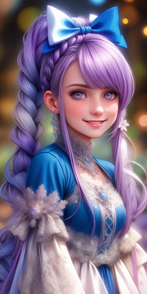 Ultra realistic nordic girl,beautiful grey eyes,smile, superbly crafted braided hairstyles,amazingly intricate braids woven with riibbons,7 colorful hair colors,each braided twintails painstakingly created and decorated with delicate ribbons and accessories.,aesthetic,Rainbow haired girl ,Realistic gray Eyes,flat chested,1 girl,midjourney