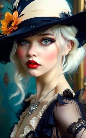 extraordinarily beautiful, babe, platinum blonde, modern girl ,dressing vintage Halloween Ball Gown, 1920s style clothing , imaginatively 20's stylized dress, super hat, , magical, alluring, sultry, full-length, female-body, hazel-eyes, eye catching, bright, OverallDetail, Magical beautiful background fantasy, perfect face and eyes, hyper-detailed hypermaximalist dynamic style