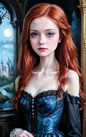 score_9, score_8_up, score_7_up, score_6_up, Portrait, oil painting, long red hair, blue eyes, pale skin, sad smile, 20 year old skinny princess vampire wearing a 1830s dress in black, innocent and beautiful, inside a dark ornate castle, night, painted by Hsiao Ron Cheng, brush strokes,realistic,real skin,oil paint,Envy Starlight Beauty