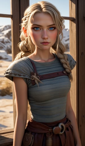 Create a softened depiction of a Viking girl, dressed in a medieval Viking clothing with wild braided hair. blue grey eyes, natural-looking eyebrows, and a gentle downward gaze. Keep the overall makeup light, with a touch of foundation for a soft and natural appearance. The lips can be painted in a gentle, neutral tone, while the eyes receive a light touch of eyeshadow and eyeliner for a more subdued effect. Strive for a sweet and approachable look, maintaining the essence of a Viking maiden appearance with a milder and more charming touch,standing cowboy shot,Astrid Hofferson