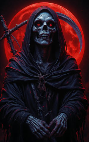 (masterpiece, best quality, hyper detailed, ultra realistic, 32k, RAW photo) (the skeletal grim reaper staring out from is dark hooded robe), (blue gradient color scheme), (holding large scythe), realistic, perfect composition and chiaroscuro by Rembrandt, concept art, by Jarek Kubicki, (red moon background),Midjourney_Whisper,illustration,drawing