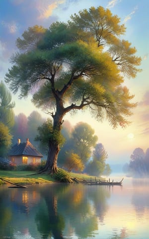 A lake covered by heavy mist and smoke. A tree stands near of the lake. Tree bends down to lake and its branches touches to the lake. Sky is cloudy. [romantic impressionism,dream scenery art,beautiful oil matte painting,romantic,style of thomas kinkade,beautiful digital painting,anime landscape,romantic painting,dreamlike digital painting,colorful painting,beautiful gorgeous digital art,style of greg rutkowski,janek sedlar,jenny saville:0]