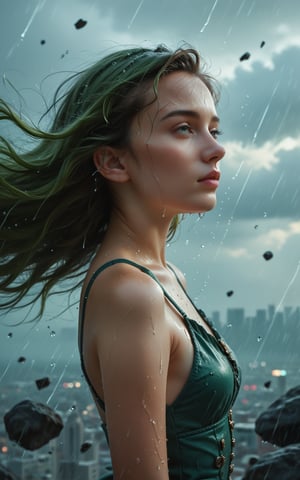 Expressiveh, score_9, score_8_up, score_7_up, rating_questionable, young woman wearing a long green empire style dress ,wind blown hair, (masterpiece, best quality, highly detailed, realistic), at the oceanside, Storm, wet skin, windy, vibrant colors, sideview, futuristic, calmstyle,fflixmj6