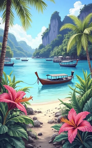 [designed by Marcel Mouly| (Hergé:0.8) ], Pastels artwork, landscape of a Ko Phi Phi, ultrafine detailed, Satisfying, intricate, cartoony, dynamic dramatic atmosphere, cute, dynamic, dynamic cinematic perfect background, illustrious, grand illumination, creative, fertile, tropical flowers in the foreground,professional creative, romantic, dynamic composition,Digital Scenery