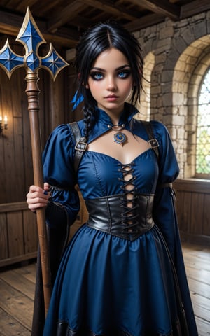 Tanned skin, 1girl, Blue Eyes, short messy black Hair, medieval, inside, Black and blue mage clothes, holding wooden staff

,photo_b00ster,emo