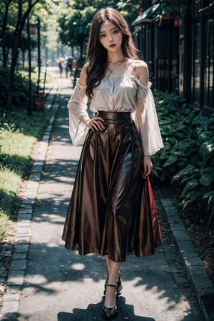 best quality,masterpiece,ultra high res,photorealistic,1girl,chocolae light,highly detailed,hyper-realistic,shallow depth of field,naturalism,red hanfu,full body,forest,wide skirt,wide sleeves, white hair, from_below shot 
