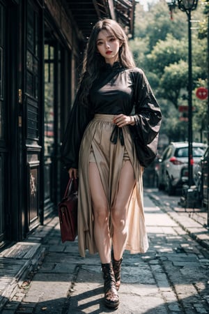 best quality,masterpiece,ultra high res,photorealistic,1girl,chocolae light,highly detailed,hyper-realistic,shallow depth of field,naturalism,red hanfu,full body,forest,wide skirt,wide sleeves, white hair
