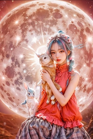 1girl, bluehair, pink hair, fullmoon behind, holding rabbit