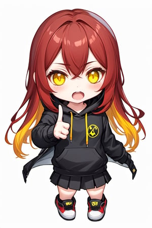  chibi, chibi emote style, emote, 1girl,solo, yellow eyes, victory sign,black hoodie,upper bodyhappt, open mouth, shot hair, drill hair, red hair, white white background, ,chibi emote style