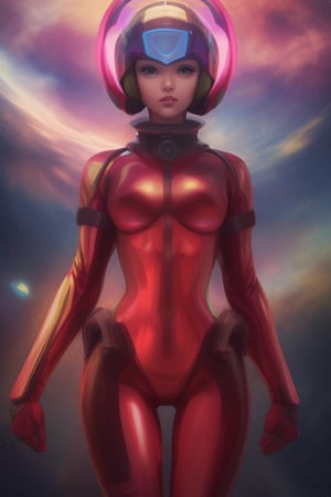 1 girl, fiery red jacket, tight suit,Space helm of the 1960s,and the anime series G Force of the 1980s,Darf Punk wlop glossy skin, ultrarealistic sweet girl, space helm 60s, holographic, holographic texture, the style of wlop, space, stands on a pedestal 