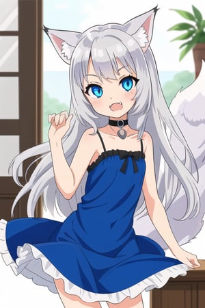 female, fluffy fox ears, white silver long hair, black cat-collar, blue with purple sundress, blue cat eyes , short , cute, small cute fang. fluffy fox tail white, loli