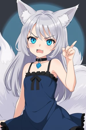 female, fluffy fox ears, white silver long hair, black cat-collar, blue with purple sundress, blue cat eyes , short , cute, small cute fang. fluffy fox tail white, loli, cute angry T pose reference