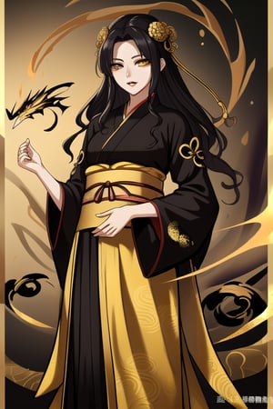 female, gold serpent eyes, black long neat hair, confident eyes, sharp small plump lips, slim body, black with gold martial hanfu full robes, confident, Xinxia cultivator, mature_woman