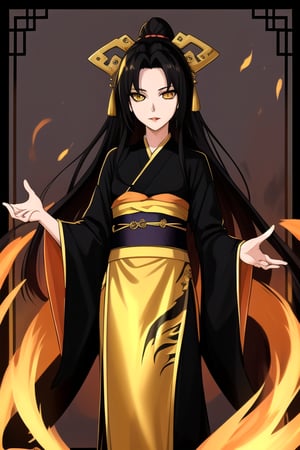 female, gold dragon eyes, black long hair, confident eyes, sharp small plump lips, slim fit body, black with gold martial hanfu full robes, confident, Xinxia cultivator, mature_female