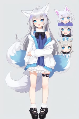 female, fluffy fox ears, white silver long hair, black cat-collar, blue with purple sundress, blue cat eyes , short , cute, small cute fang. fluffy fox tail white, loli, A pose