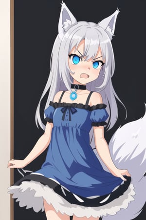 female, fluffy fox ears, white silver long hair, black cat-collar, blue with purple sundress, blue cat eyes , short , cute, small cute fang. fluffy fox tail white, loli, cute angry