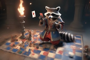 Raccoon full body standing up, medieval , Red and blue Jester outfit with bells, holding cards in left hand and 20 sided Dice in right hand, Chess on the floor, fire magic