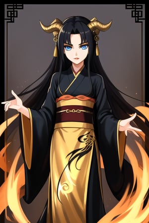 female, blue dragon eyes, black long hair, confident eyes, sharp small plump lips, slim body, black with gold martial hanfu full robes, confident, Xinxia cultivator