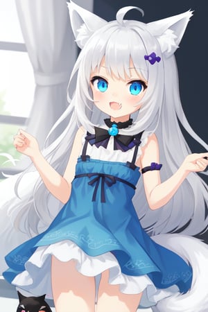 female, fluffy fox ears, white silver long hair, black cat-collar, blue with purple sundress, blue cat eyes , short , cute, small cute fang. fluffy fox tail white, loli