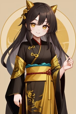 Female toddler, redish gold dragon eyes, black long hair, black with gold hanfu full robes, Xinxia cultivator, cute smile