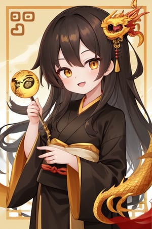 Female toddler, redish gold dragon eyes, black long hair, black with gold hanfu full robes, Xinxia cultivator, cute smile