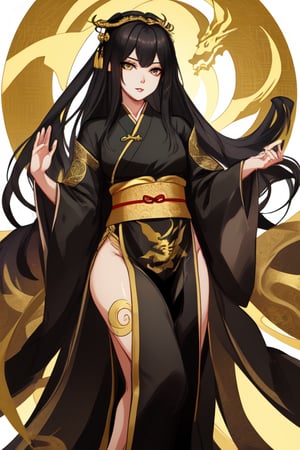 female, gold dragon eyes, black long hair, confident eyes, sharp small plump lips, full slim fit body, black with gold martial hanfu robes, Royal empress, confident