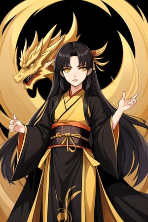 female, gold dragon eyes, black long hair, confident eyes, sharp small plump lips, slim body, black with gold martial hanfu full robes, confident, Xinxia cultivator