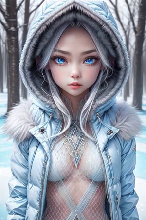 masterpiece, best quality, ultra-detailed, 1girl, child face, yamanaka ino, long_white_hair, hair_light_blue_tips light_blue_eyes, Long hooded parka with fur lining, closed parka, fishnet, full_black_body_suit, opaque clothes, solo, navel, intrincate ice background, volumetric lighting, intricate details, tonemapping, sharp focus, hyper detailed, trending on Artstation,IceAI, Cold, Icy, Distant, Unfeeling, Aloof, Detached, Emotionless, Unemotioal, Steely, Unsympathetic, Unresponsive, Reserved, Expressionless, Impenetrable, Stoic, ice needles between fingers, realistic, Beautiful face, hourglass body, fishnets on legs