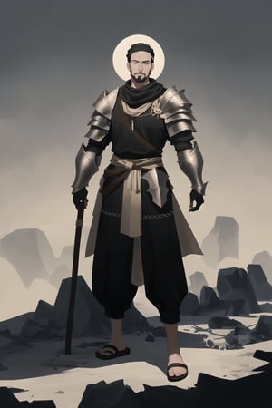 The man has a small white goatee. Black, sly eyes, diamond-shaped head. Medium build. Wears armor with a mesh undershirt underneath. Black sandals, black bandana with long strings, also beige. The skin is swarthy.